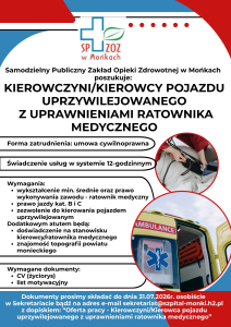 SP ZOZ w Mońkach poszukuje Kierowczyni/Kierowcy samochodu uprzywilejowanego z uprawnieniami ratownika medycznego